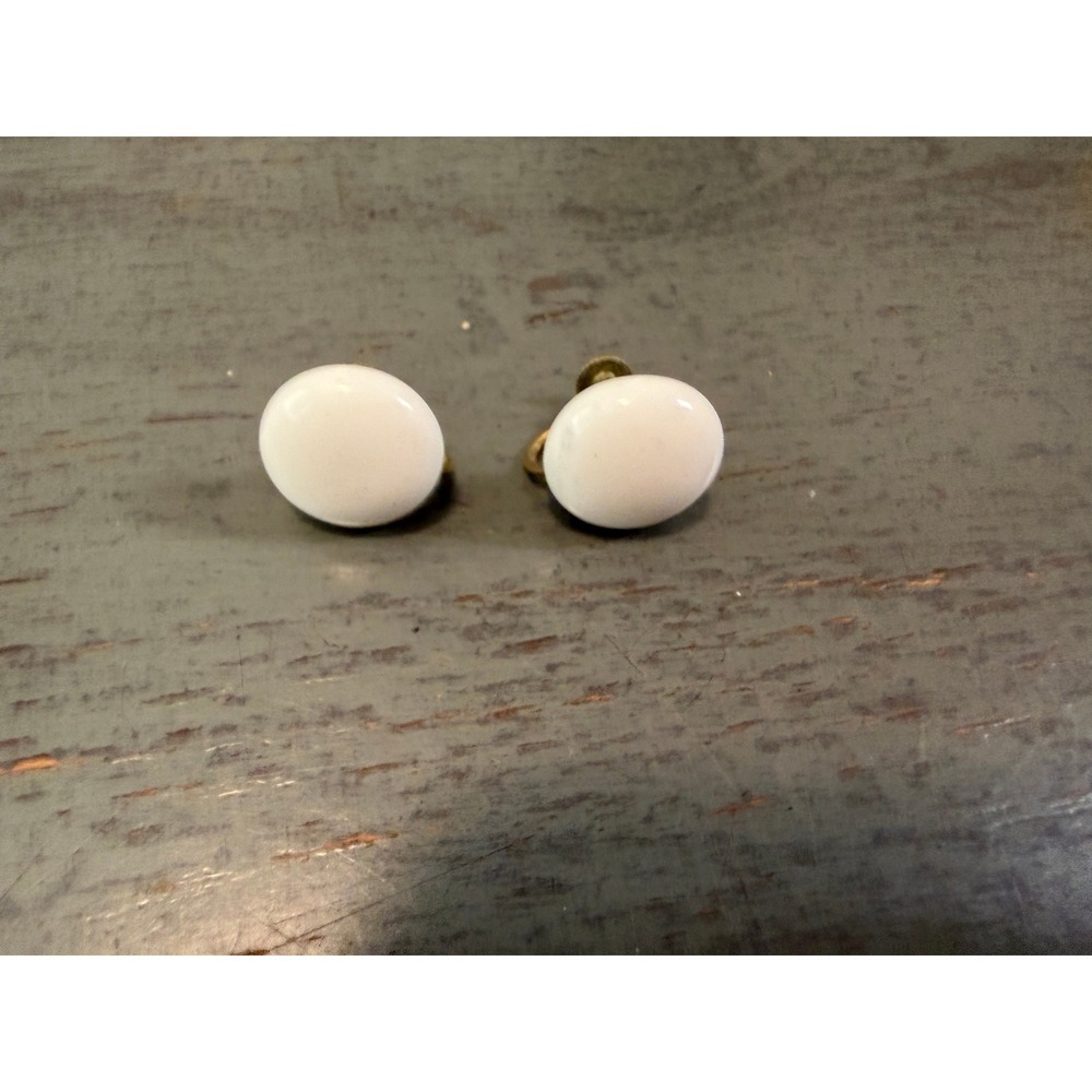 Vintage Milk Glass Screw Back Earrings White Button Mid Century Retro Brass Tone